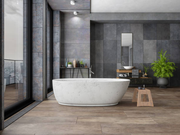 Bathroom tile dark flooring with bath tub | Bow Family Furniture & Flooring